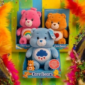 Vintage 2002 Care Bear Love-a-Lot Plush Bundle w/ VHS Tapes & Keychains